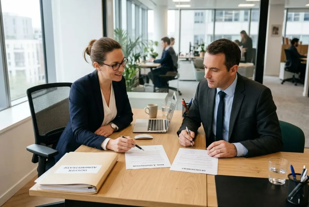 Deux professionnels en réunion de travail, discutant et signant des documents juridiques, devant un ordinateur portable et des dossiers. Différence entre mise à disposition et détachement évoquée.