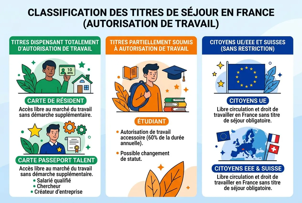 Diagramme sur la classification des titres de séjour en France (autorisation de travail) montrant trois colonnes: titres dispensant totalement et partiellement l’autorisation de travail, et citoyens UE/EEE/Suisse sans restriction; avec icônes et illustrations liées au travail, étudiants et documents. autorisation de travail en france pour les étrangers est présentée comme thème central.