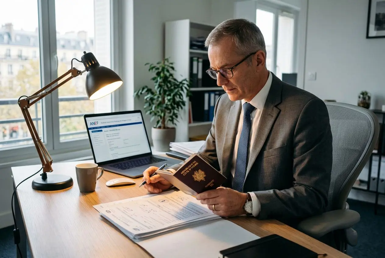 Homme d’affaires en costume lit un document officiel à son bureau, près d’un ordinateur portable et d’une lampe de bureau.