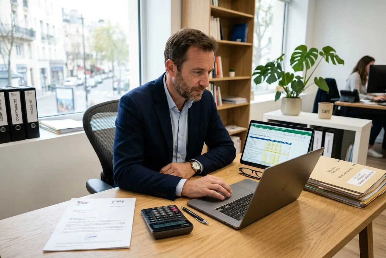 Homme d’affaires travaillant sur un ordinateur portable dans un bureau, avec calculatrice et documents sur le bureau, ambiance professionnelle. Intègre naturellement le terme taxe OFII employeur.