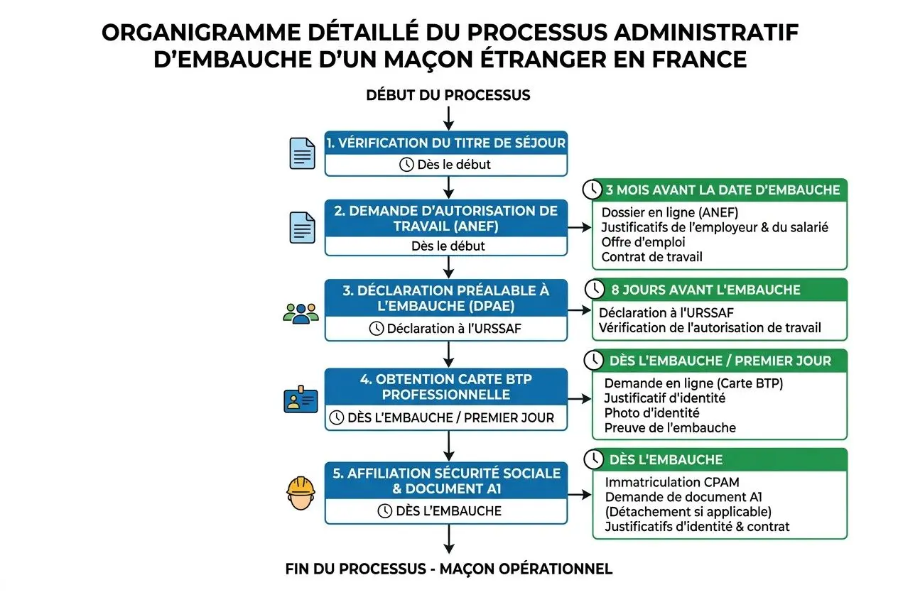 Organigramme détaillé du processus administratif d'embauche d'un maçon étranger en France, étape par étape.