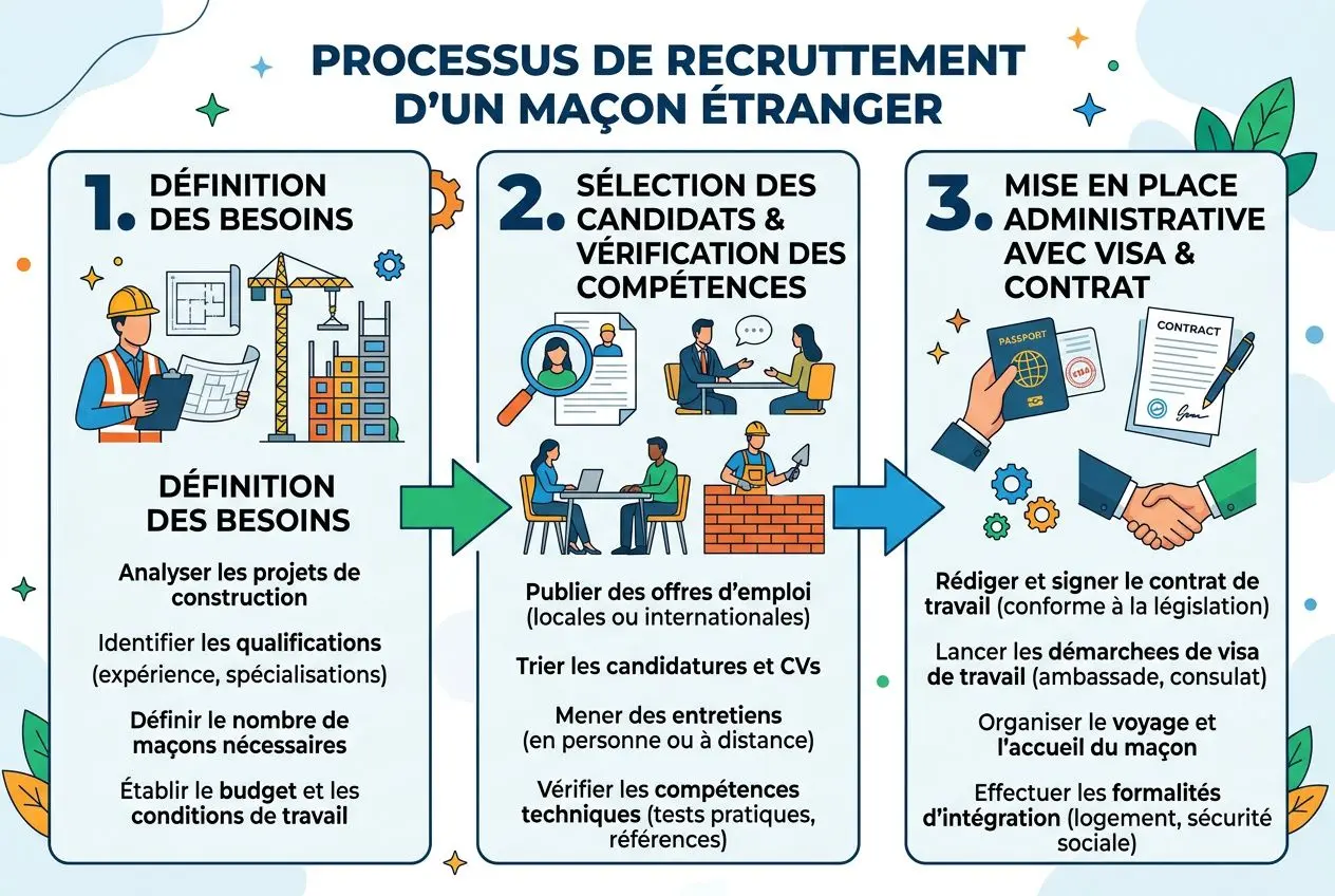 Processus de recrutement d’un maçon étranger: définition des besoins, sélection des candidats et mise en place administrative (visa, contrat) en France.