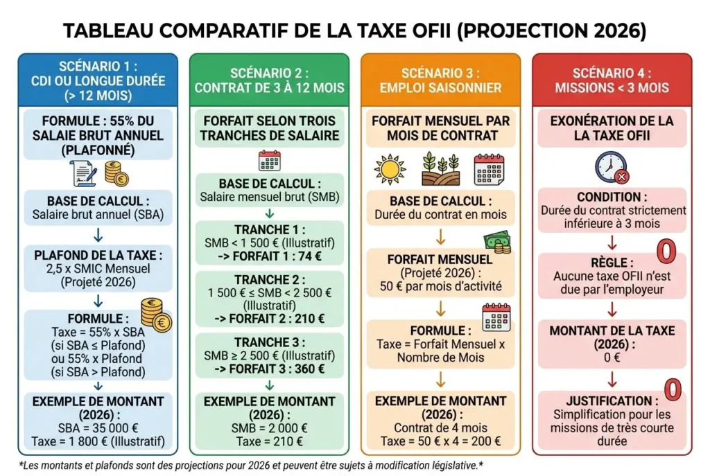 Tableau comparatif de la taxe OFII (projection 2026) montrant 4 scénarios: CDI long, contrat 3 à 12 mois, emploi saisonnier et missions <3 mois; montants et exonérations selon durée et type de contrat. Inclut exemples de montants, bases de calcul et échéances DGFiP. Mot-clé intégré: taxe OFII employeur.