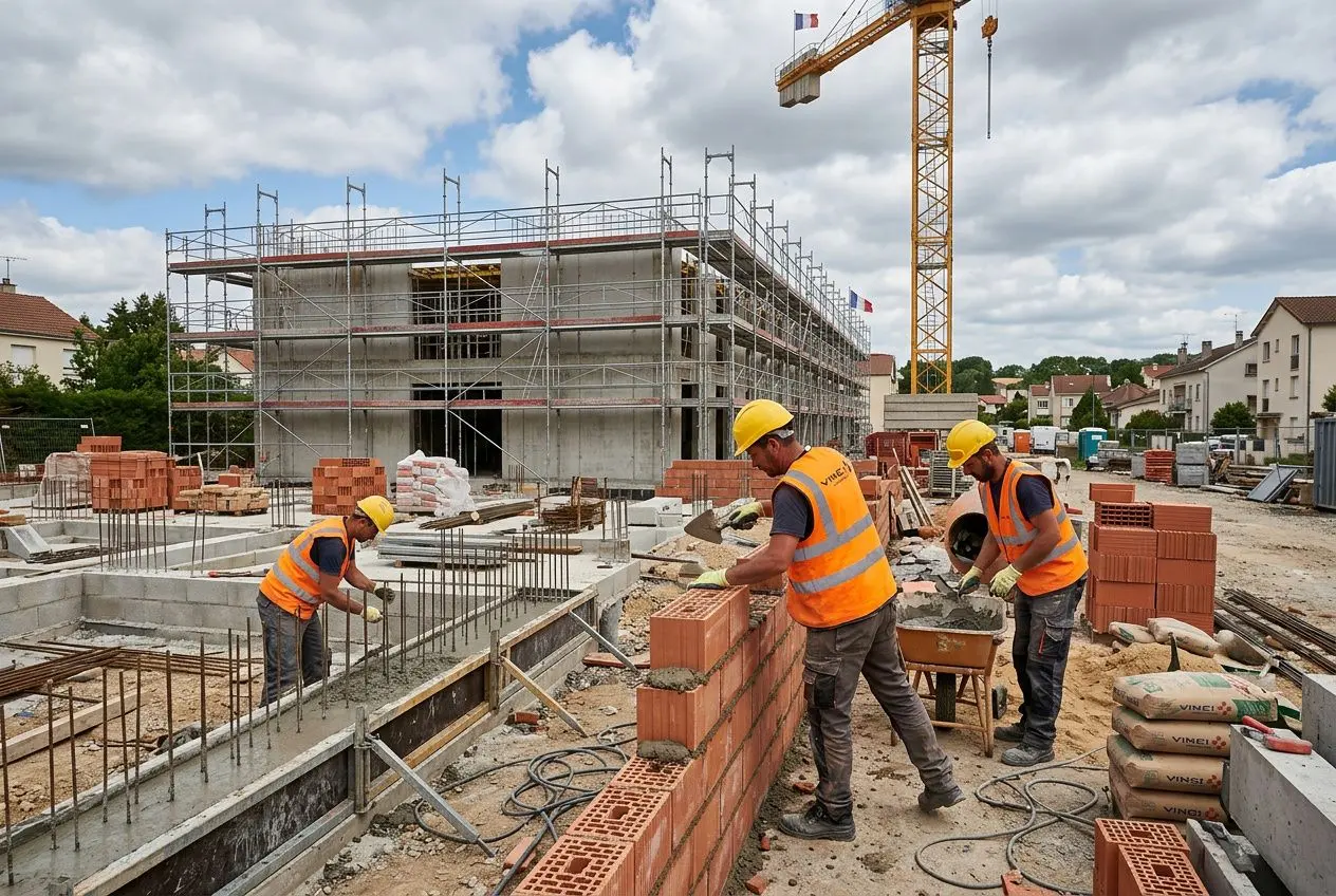 Vue d’un chantier : maçons en gilet orange et casque jaune élevant des murs en briques, sous une grue, avec structures et matériaux autour. Recrutement maçon étranger france.