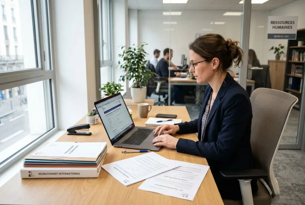 Agent administratif travaillant sur ordinateur dans un bureau, documents et livres autour, contexte “demande d'autorisation de travail pour un salarié étranger” présent.