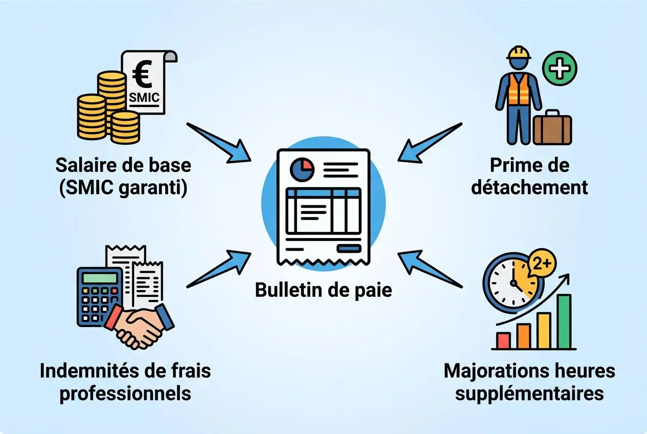 Avantages du détachement pour un salarié : diagramme montrant le bulletin de paie avec salaire de base, prime de détachement, indemnités de frais professionnels, majorations heures supplémentaires et maintien du contrat.