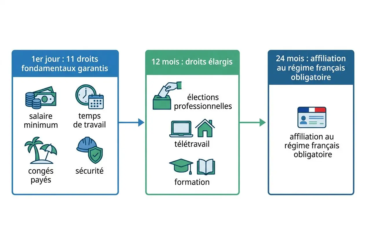 Avantages du détachement pour un salarié : infographie montrant les droits fondamentaux, les droits élargis après 12 mois et l’affiliation au régime français obligatoire.