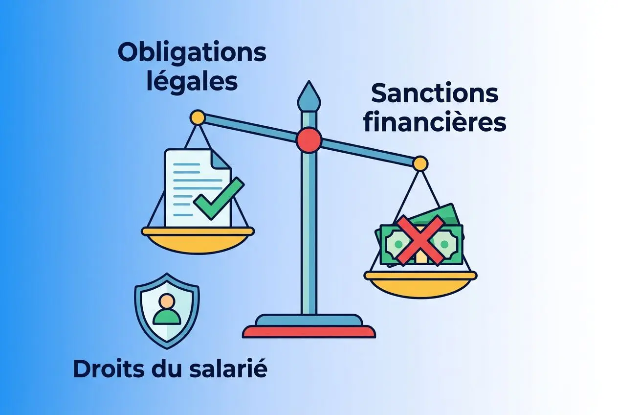 Balance illustrée montrant les “obligations légales” et les “sanctions financières” pour les droits du salarié, avec une étiquette au centre et un symbole de protection. intégration: attestation de déclaration préalable de détachement