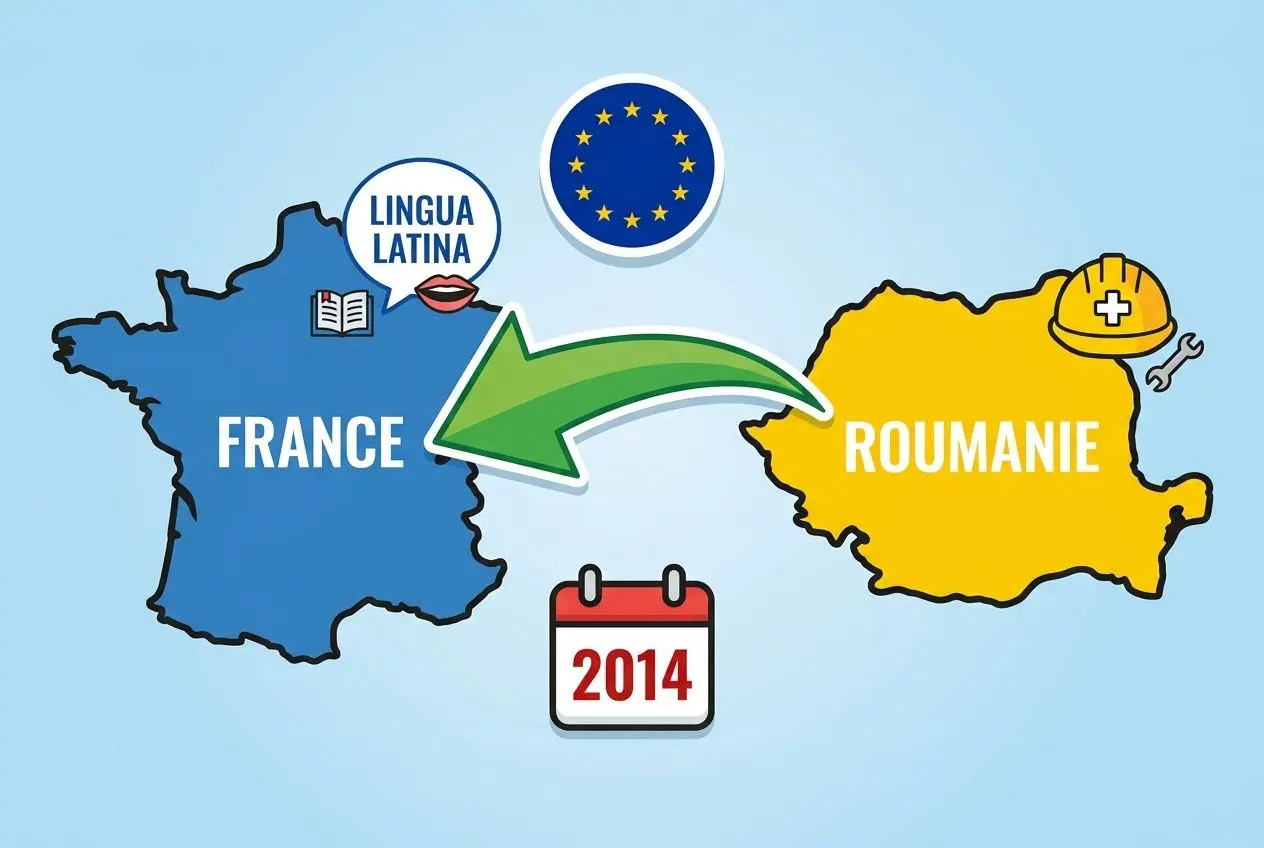 Carte montrant l’échange entre la France et la Roumanie, avec flèche verte et symbole UE, évoquant pourquoi les roumains viennent travailler en France.