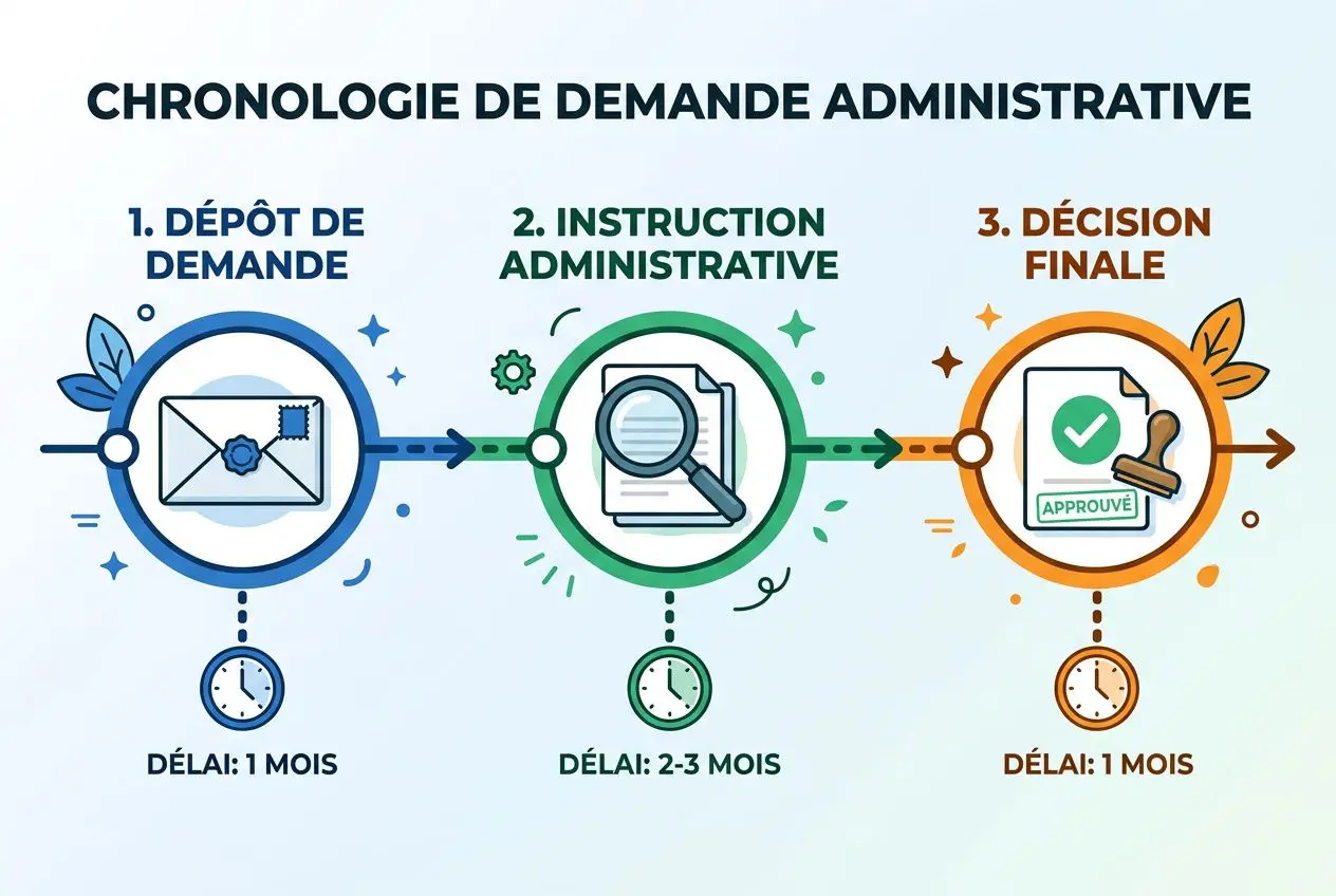 Chronologie de demande administrative: dépôt de demande, instruction administrative et décision finale pour une demande d'autorisation de travail pour un salarié étranger.
