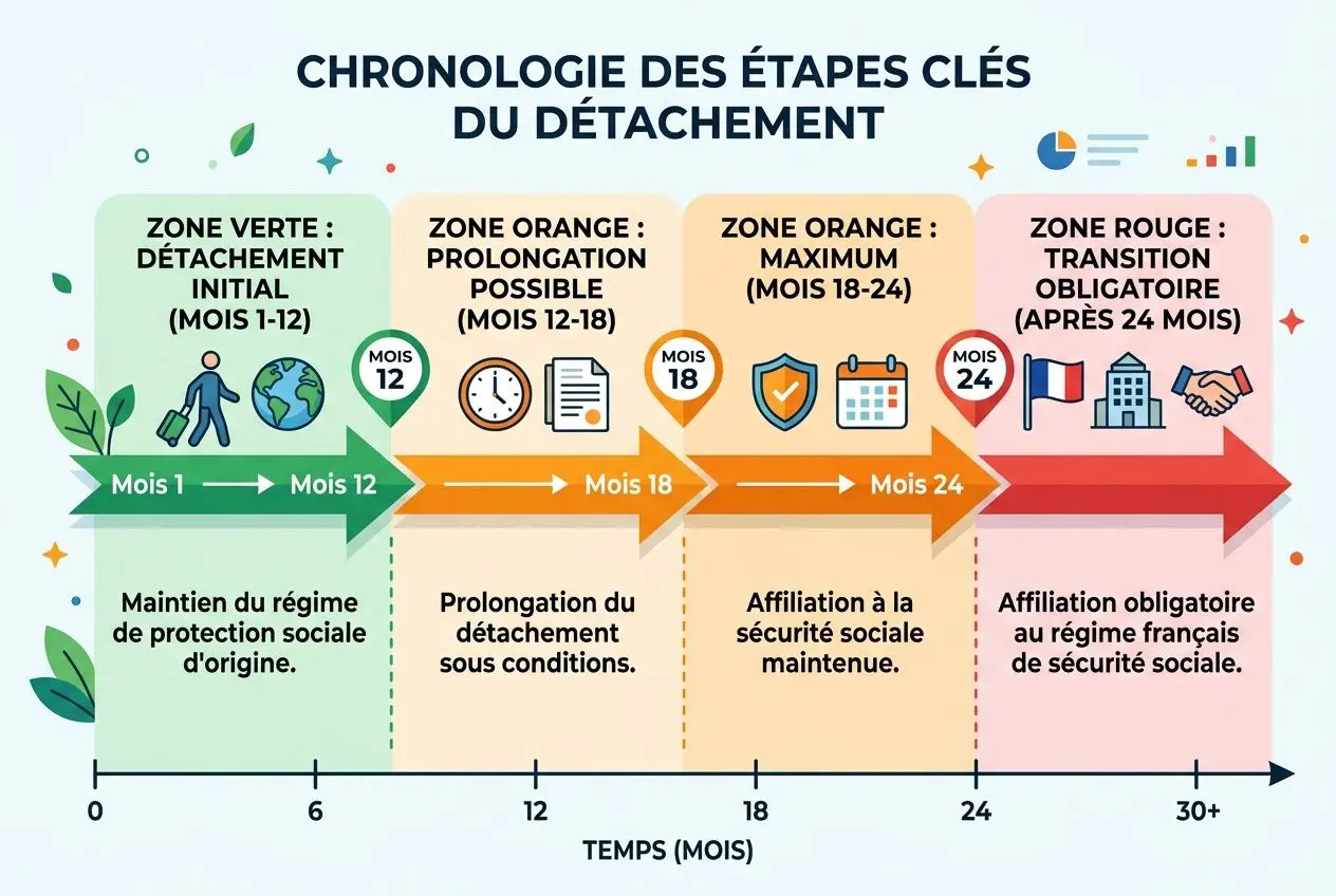Chronologie des étapes clés du détachement: zones et délais, du démarrage (mois 1) à l’affiliation après 24 mois, avec obligations et sécurité sociale.