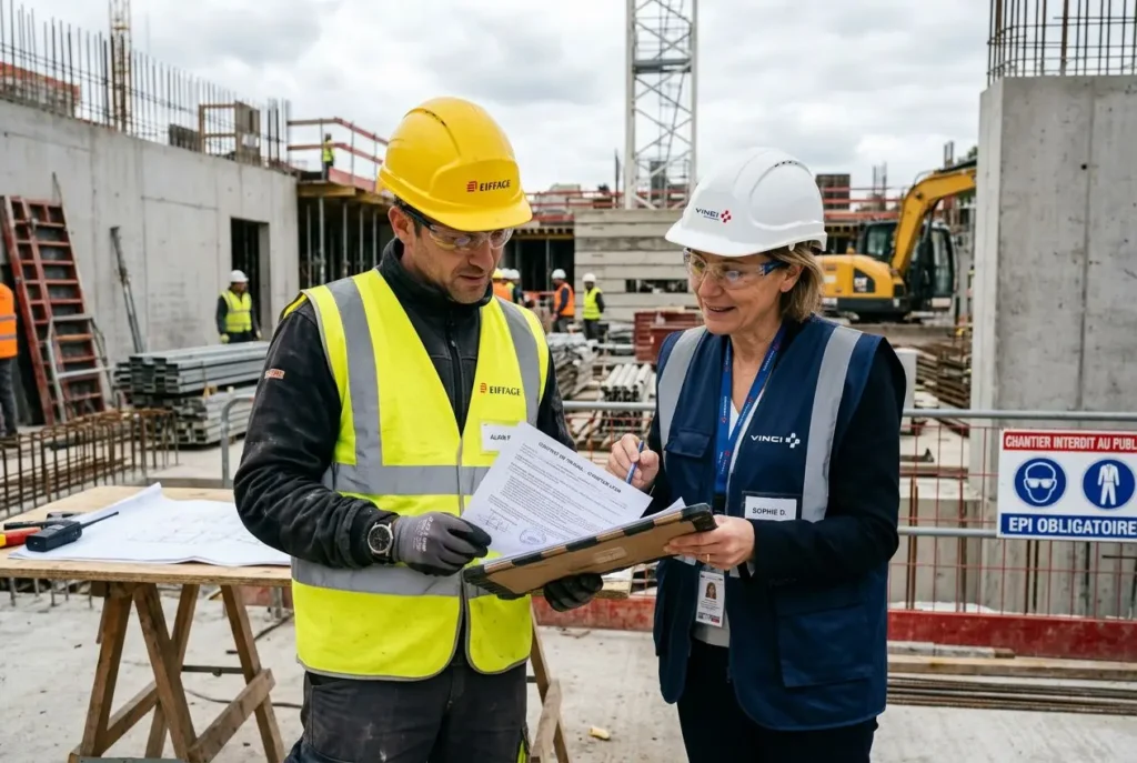Deux professionnels sur un chantier discutant devant des plans, l’un portant casque jaune et gilet haute visibilité, l’autre casque blanc et veste sans manches bleue.