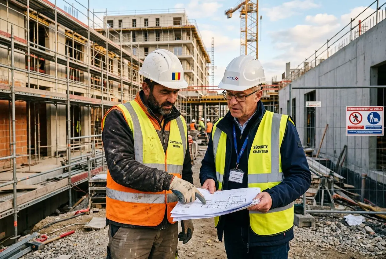 Deux travailleurs sur un chantier examinant des plans, l’un en gilet orange et casque blanc; l’autre en gilet jaune et casque blanc, échanges de documents. avantages du détachement pour un salarié intégré naturellement.
