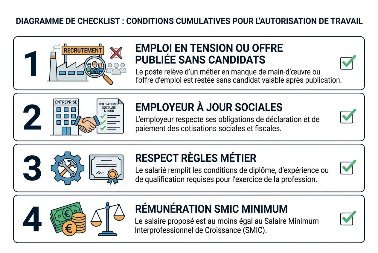 Diagramme de checklist illustrant les conditions cumulatives pour l'autorisation de travail: recrutement, employeur à jour, respect des règles métier et rémunération SMIC minimale; cadre visuel with checkmarks. Demande d'autorisation de travail pour un salarié étranger évoquée.