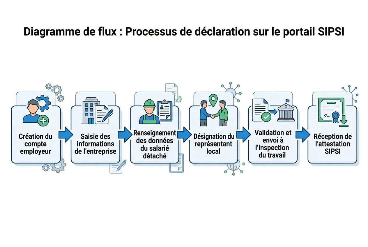 Diagramme de flux illustrant le processus de déclaration sur le portail SIPSI, étapes allant de la création du compte employeur à la réception de l’attestation SIPSI. Inclut saisie des informations, renseignement des données du salarié détaché, désignation du représentant local et validation finale. attestation de déclaration préalable de détachement intégrée naturellement.