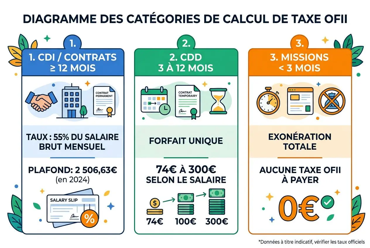 Diagramme illustrant les catégories de calcul de taxe OFII: 1) CDI/contrats ≥12 mois, 2) CDD 3 à 12 mois, 3) missions <3 mois. texte court et pictos. intégration du mot-clé: conditions pour embaucher un travailleur étranger en France.