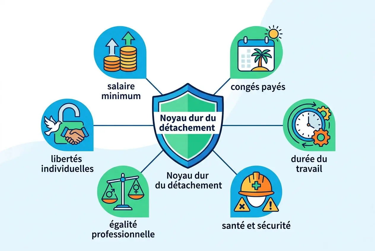 Diagramme illustrant le noyau dur du détachement: salaire minimum, congés payés, durée du travail, santé et sécurité, égalité professionnelle, libertés individuelles, éthique du détachement. Texte: « salaire minimum ».