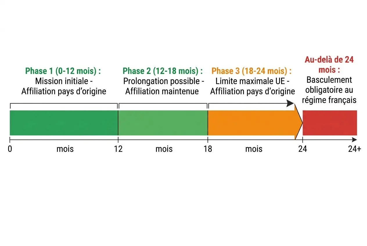 Diagramme de phases sur les cotisations sociales travailleur détaché, montrant l’affiliation et les délais: phase 1 et phase 2 jusqu’à 18 mois, phase 3 à partir de 18-24 mois, puis basculement au régime français après 24 mois.