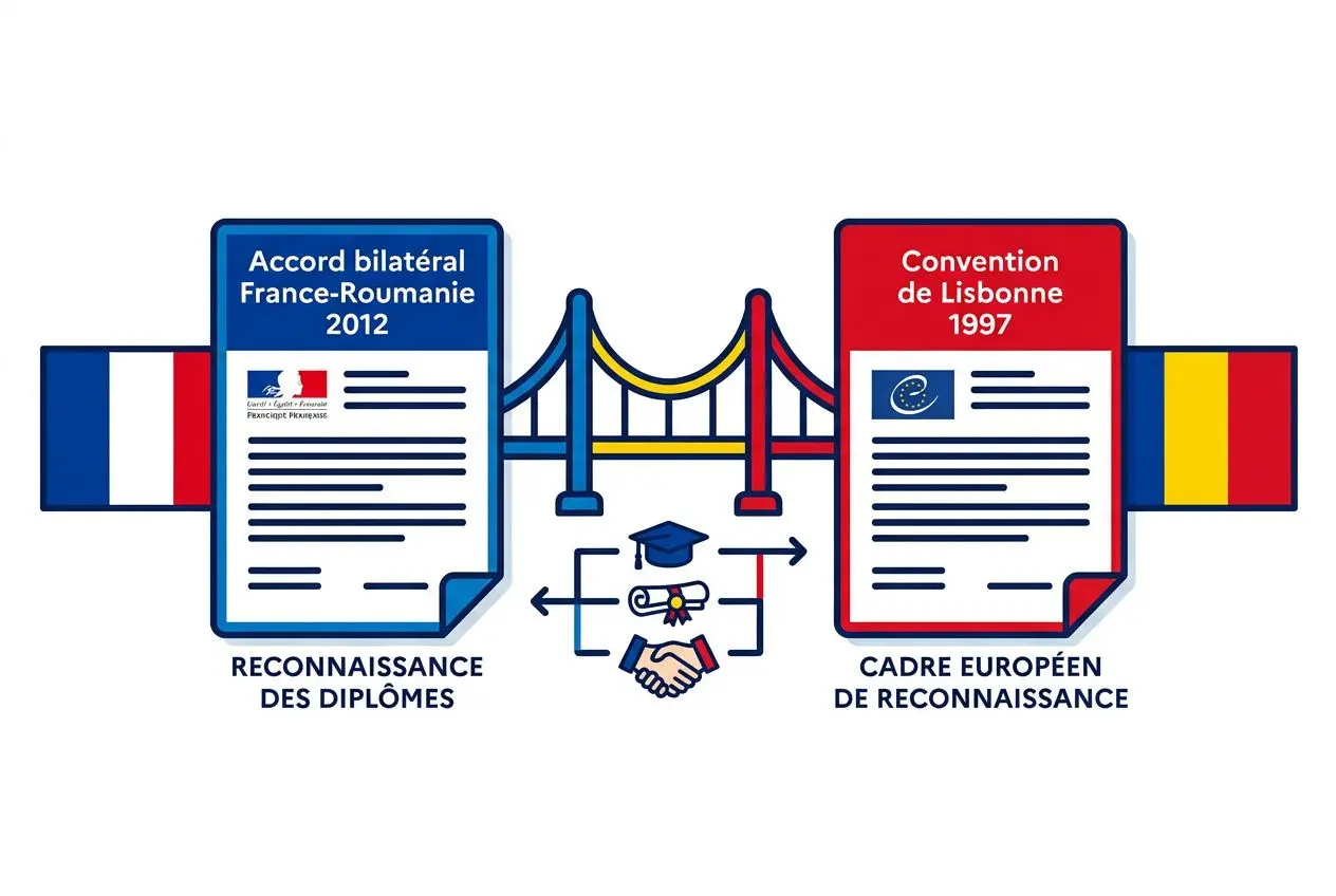 Diplômes roumains reconnus en France: illustration bilingue sur la reconnaissance des diplômes avec accords France-Roumanie et Convention de Lisbonne, acte de coopération.