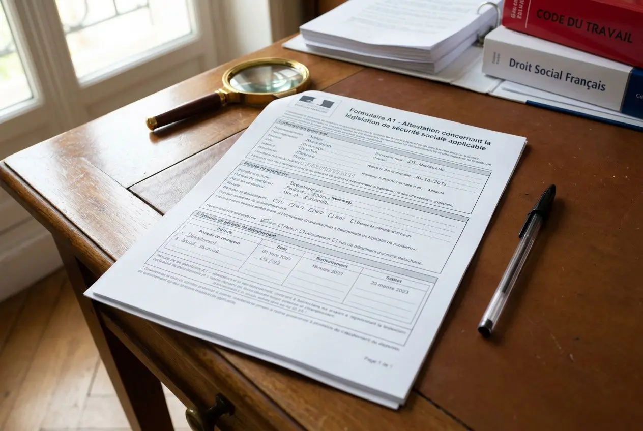 Document officiel sur le détachement travailleur posé sur un bureau en bois, avec loupe et livre de droit en arrière-plan. Durée maximale détachement travailleur.