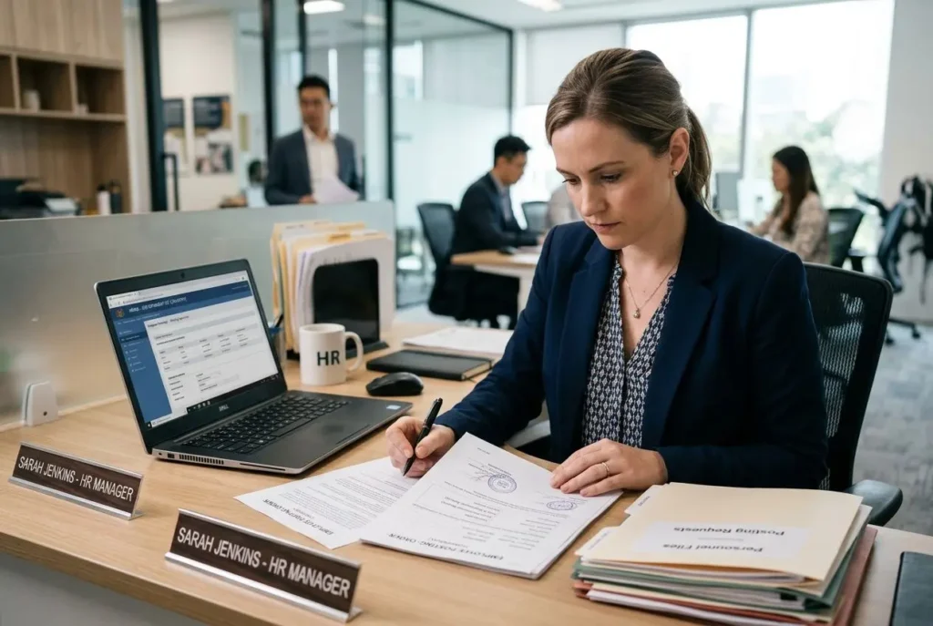 Femme en bureau signe des documents HR près d’un ordinateur portable sur un bureau, ambiance d’accueil. attestation de déclaration préalable de détachement intégrée.