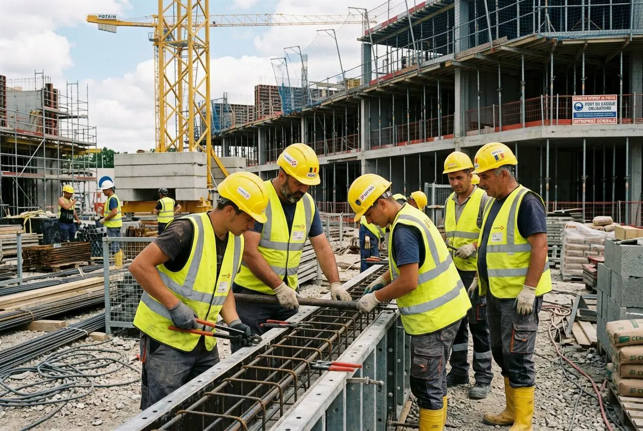 Groupe d’ouvriers sur un chantier, portant casques et gilets jaunes, travaillant sur des armatures en béton. (texte clé intégré: détachement de travailleurs étrangers en france)