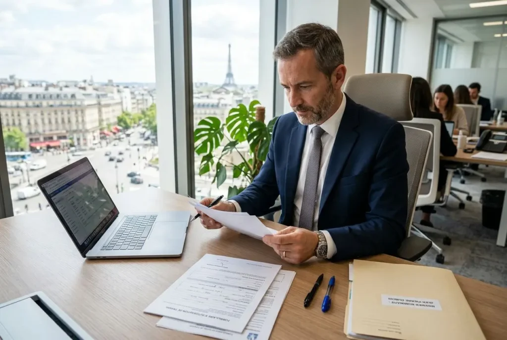 Homme d’affaires en costume lit des documents près d’un ordinateur portable dans un bureau lumineux, avec d’autres employés au fond.