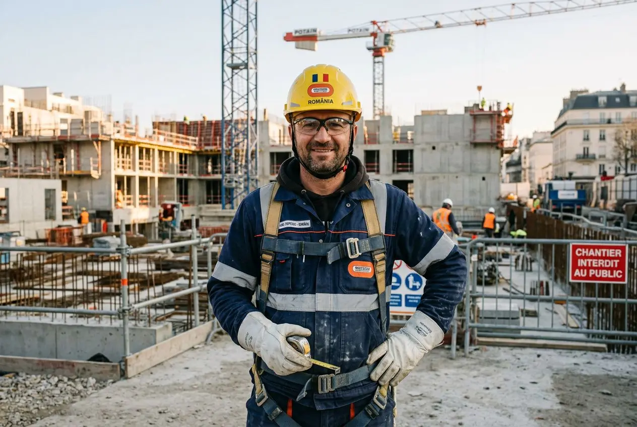 Homme travailleur détaché sur un chantier, casque jaune et harnais de sécurité, devant une construction et une grue. cotisations sociales travailleur détaché est évoqué.