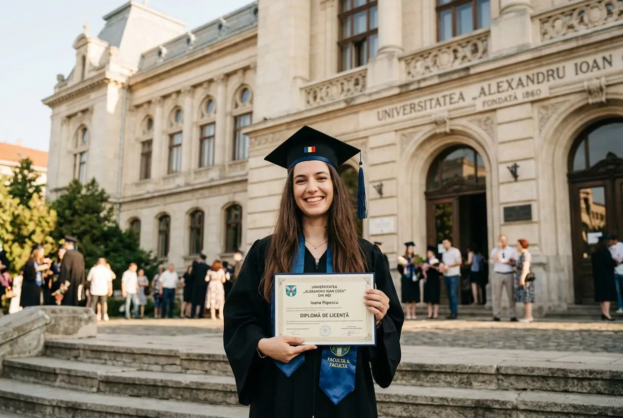 Jeune diplômée en robe d毕业is et cap etudiant souriante devant une université, tenant un diplôme, cérémonie de remise des diplômes. diplômes roumains reconnus en france? intégrer le mot-clé: Diplômes roumains reconnus en France, guide complet.