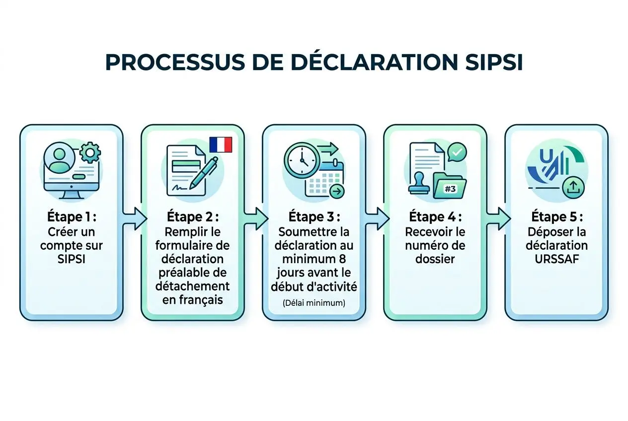 Processus de déclaration SIPS avec étapes claires pour le détachement de travailleurs étrangers en france, incluant création de compte et dépôt de dossier.
