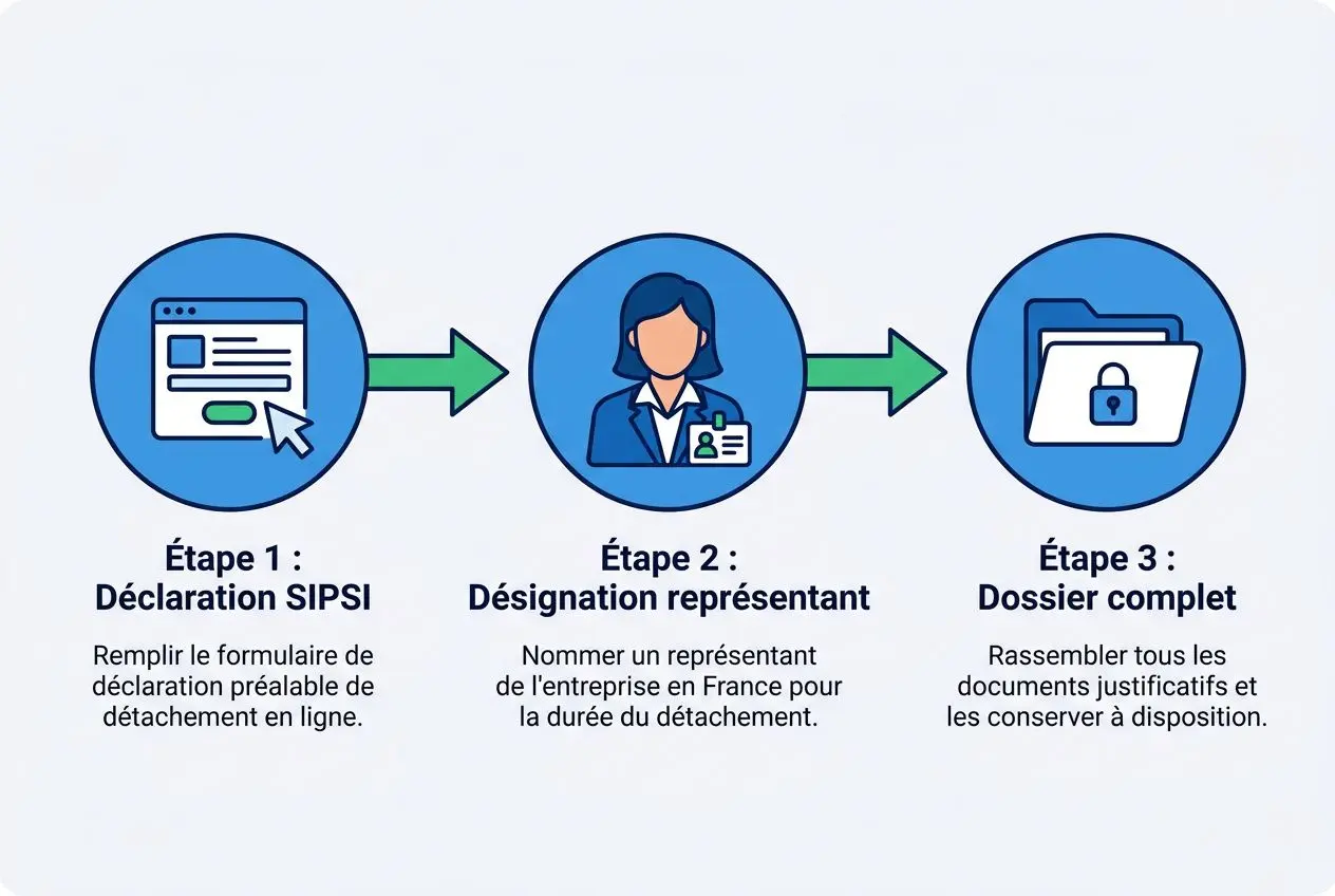 Processus visuel montrant les étapes pour les cotisations sociales travailleur détaché: déclaration SIPSI, désignation d’un représentant, et dossier complet.