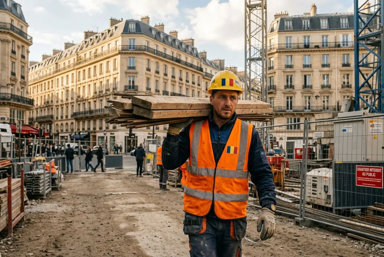 Travailleur roumain sur un chantier parisien, casque et gilet orange, portant des planches; façade haussmannienne en arrière-plan. pourquoi les roumains viennent travailler en france