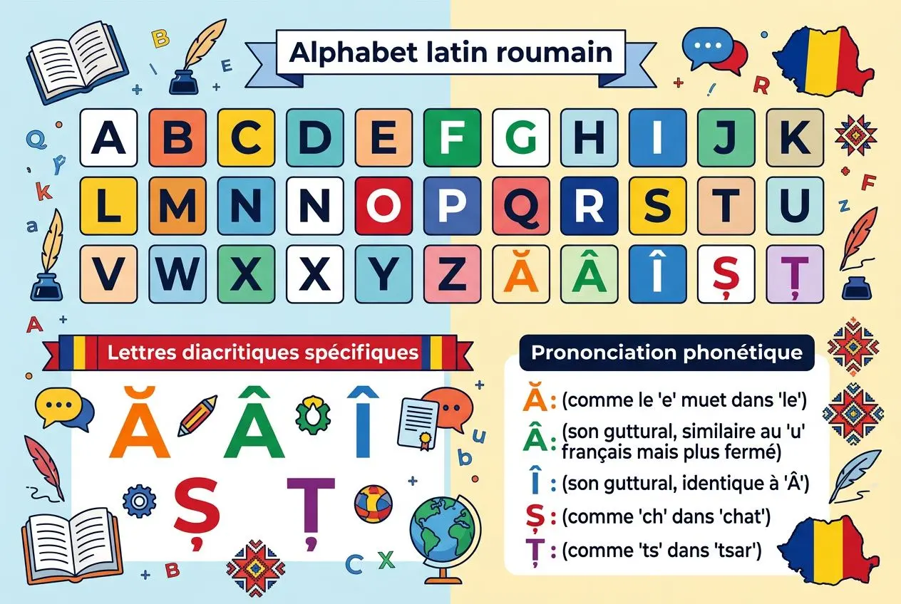 Alphabet latin roumain: tableau coloré des lettres A à Z et diacritiques Å Î Ș ț, avec pictogrammes et décorations culturelles. Langues parlées en Roumanie et minorités présentées.