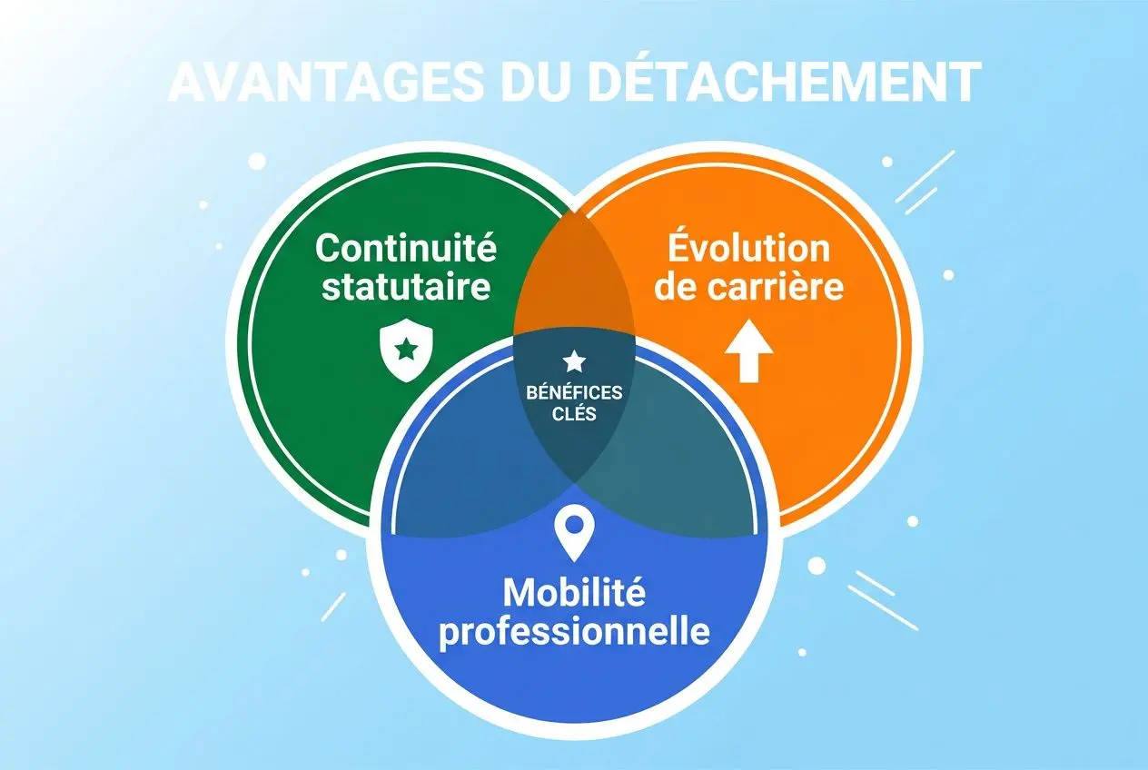 Avantages du détachement: diagramme circulaire montrant la mobilité professionnelle, la continuité statutaire et l’évolution de carrière, avec le mot clé in "avantages et inconvénients du détachement" intégré.