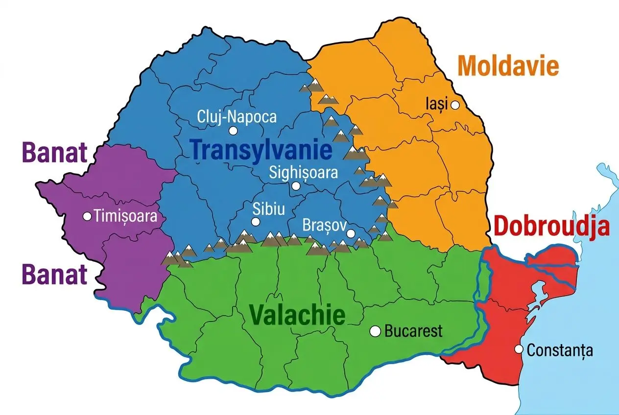 Carte administrative de la Roumanie montrant les principales villes et régions, avec Bucarest au centre-sud et les grandes zones comme Transylvanie et Moldavie.
