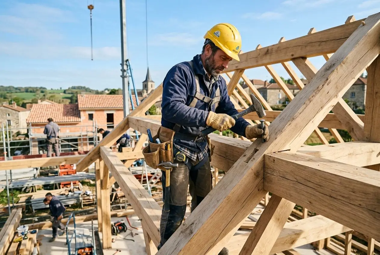 Charpentier roumain en intérim sur un chantier de construction, travaillant sur une charpente en bois sous un ciel clair.