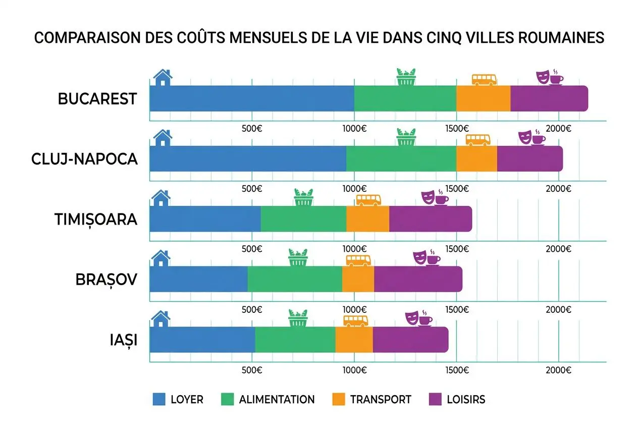 Compare des coûts mensuels de vie dans cinq villes roumaines: Bucarest, Cluj-Napoca, Tim…ioara, Brașov et Iași, avec loyer, alimentation, transport et loisirs. coüt de la vie en roumanie 2025.