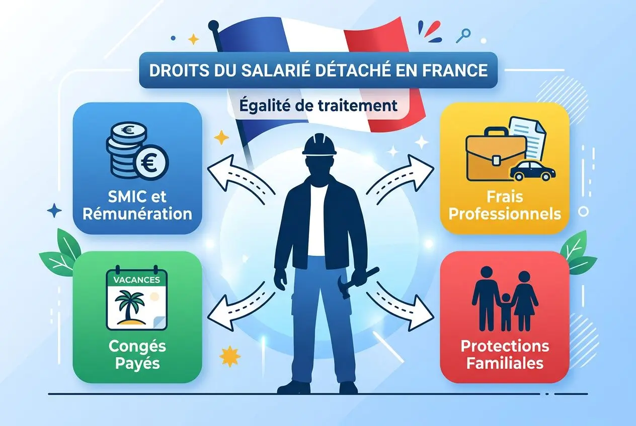 Congés payés travailleur détaché france : illustration d’un salarié détaché entouré d’icônes sur les droits (SMIC et rémunération, congés payés, frais professionnels, protections familiales) et cadre égalitaire de traitement.