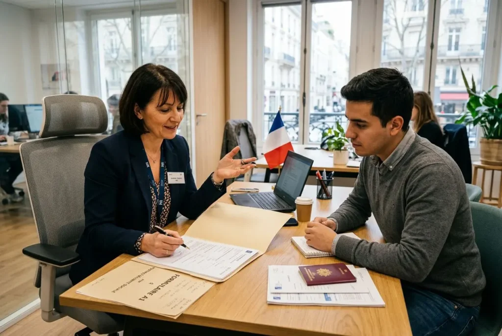 Consultation entre une conseillère et un travailleur détaché sur la protection sociale travailleur détaché, près d’un drapeau français.