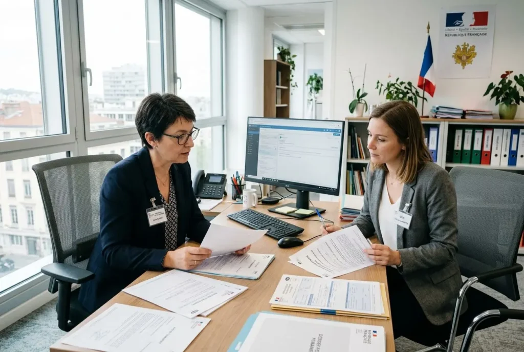 Deux femmes en réunion administrative discutant des documents officiels dans un bureau, avec écran d’ordinateur et dossiers; drapeau français et logo de l’État en arrière-plan. avants et inconvénients du détachement intégré naturellement.