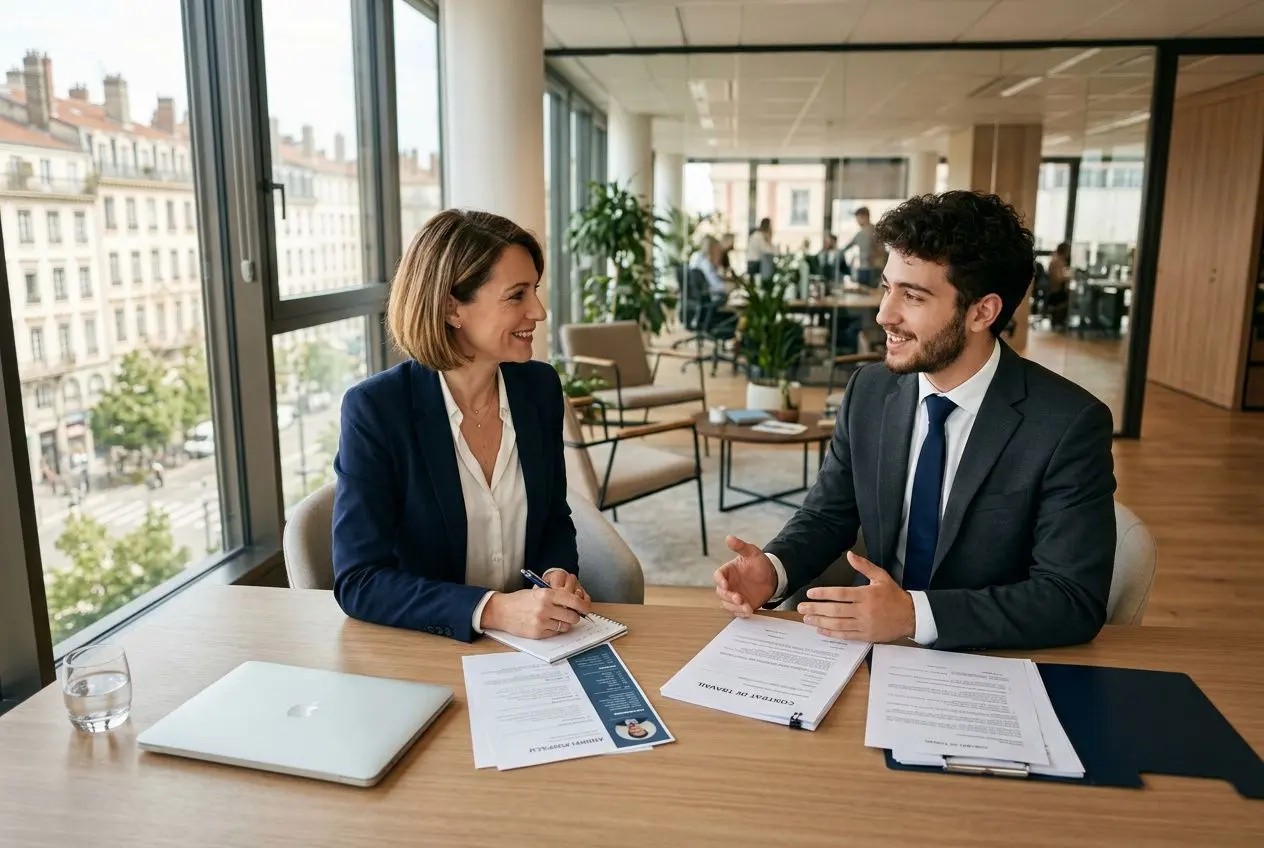 Deux professionnels en entretien d’embauche souriants, assis à une table avec documents et contrat, dans un bureau lumineux.