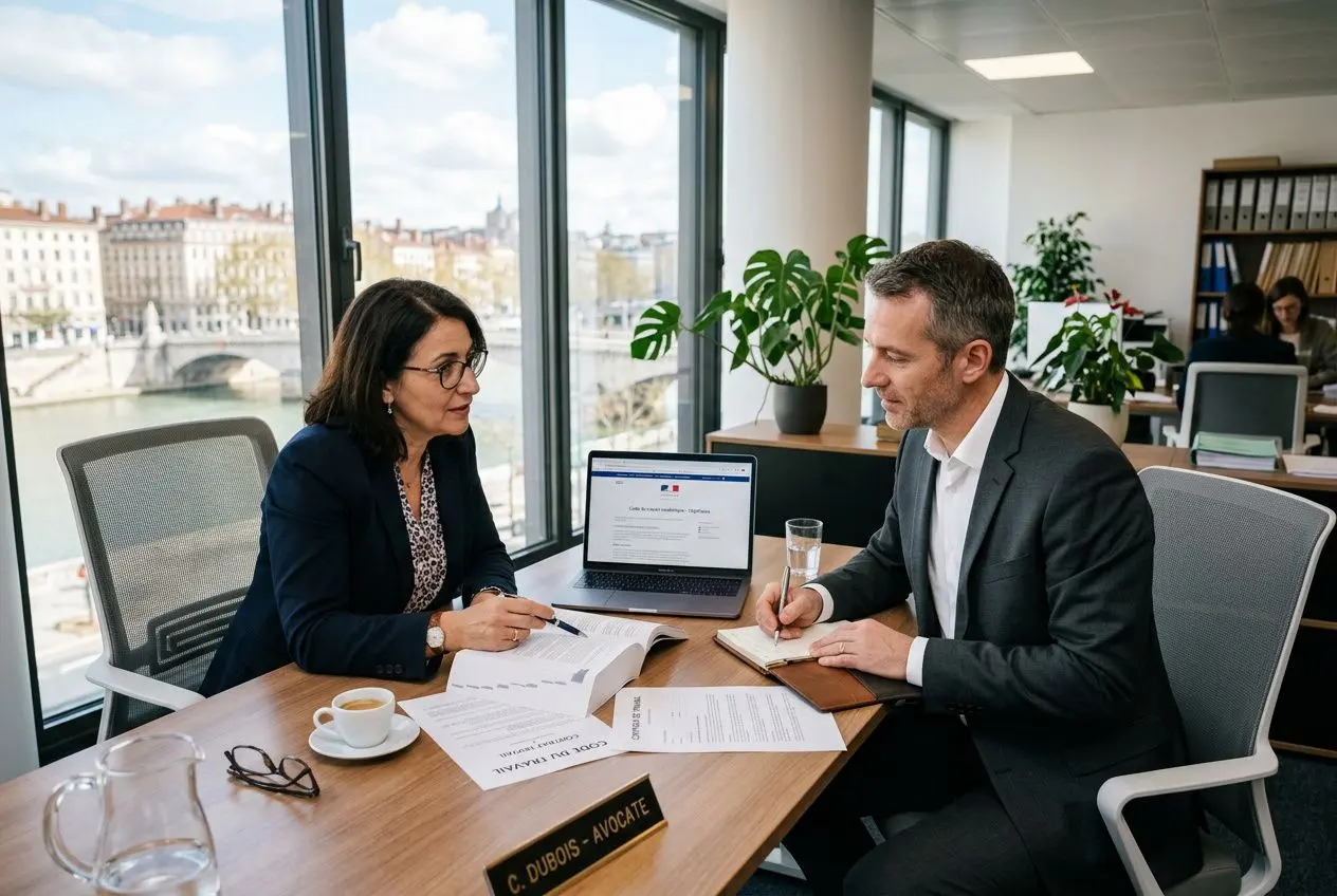 Deux professionnels en réunion de bureau discutant autour d’un contrat, avec ordinateur portable et documents, dans un espace lumineux. Congés payés travailleur détaché france.