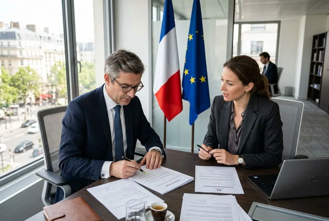 Deux professionnels signent des documents de détachement, avec les drapeaux de la France et de l’Union européenne en arrière-plan. Travailleur détaché en france réglementation et cadre formel.