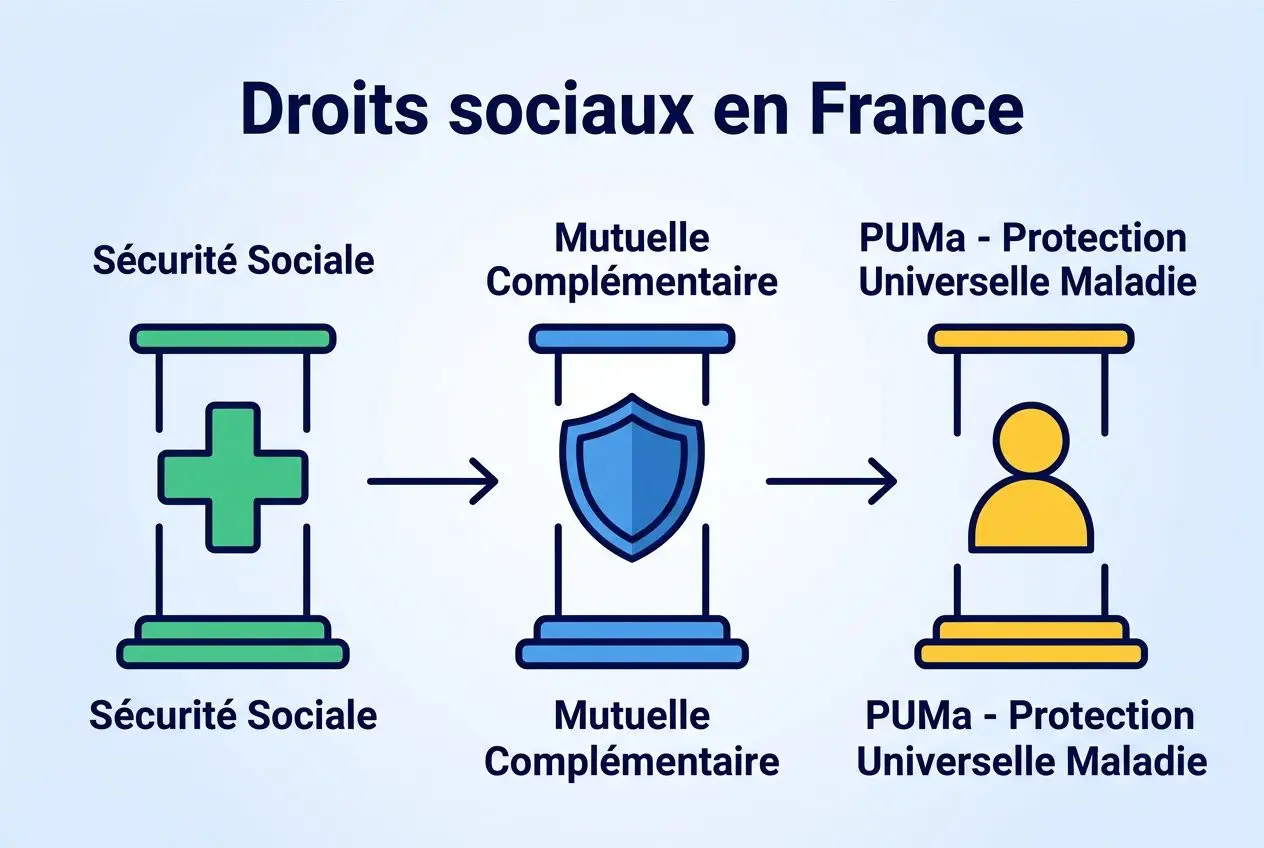 Diagramme décrivant les « 10 choses à savoir sur la France » sur les droits sociaux en France, avec Sécurité Sociale, Mutuelle Complémentaire et PUMA - Protection Universelle Maladie.