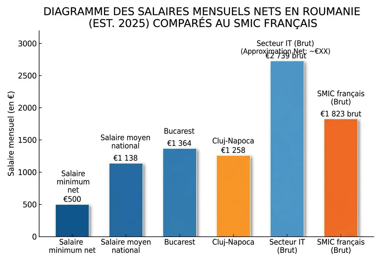 Diagramme des salaires mensuels nets en Roumanie (2025) comparés au SMIC français, illustration des écarts de revenu et du coût de la vie en Roumanie 2025-2026.