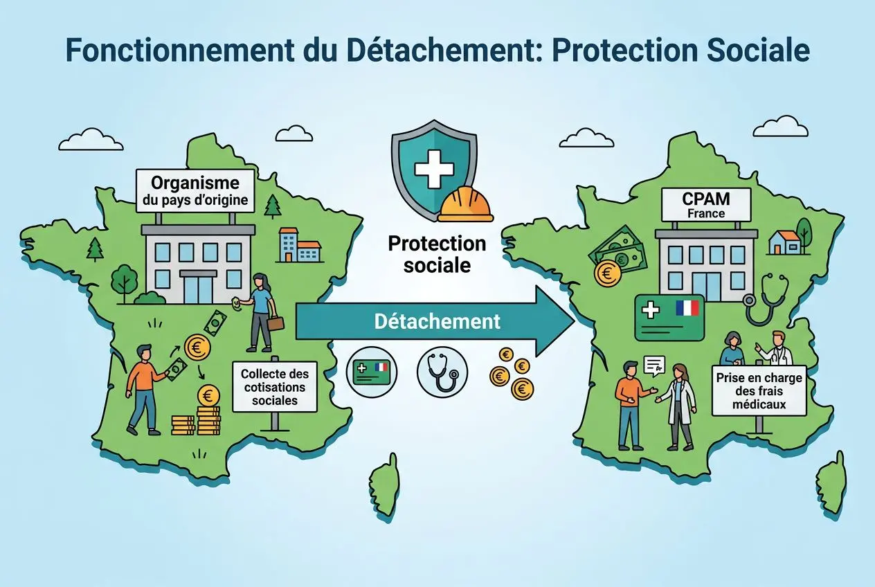 Fonctionnement du Détachement: Protection Sociale illustrant le transfert de protection sociale pour un travailleur détaché entre la France et l’Europe.
