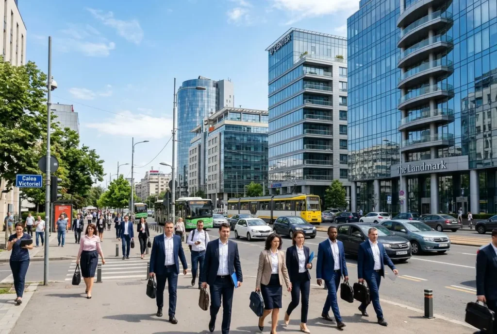 Homme et femme d’affaires traversant une avenue urbaine moderne avec immeubles en verre, bus jaunes et voitures; ambiance professionnelle. intégrant le terme salaire moyen en roumanie 2025 de manière naturelle.
