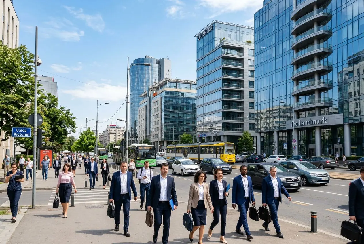 Homme et femme d’affaires traversant une avenue urbaine moderne avec immeubles en verre, bus jaunes et voitures; ambiance professionnelle. intégrant le terme salaire moyen en roumanie 2025 de manière naturelle.