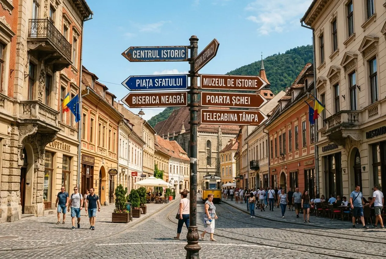 Panneau indicateur dans une rue piétonne médiévale, bâtiments colorés et touristes; signalisations vers des lieux historiques. langues parlées en roumanie