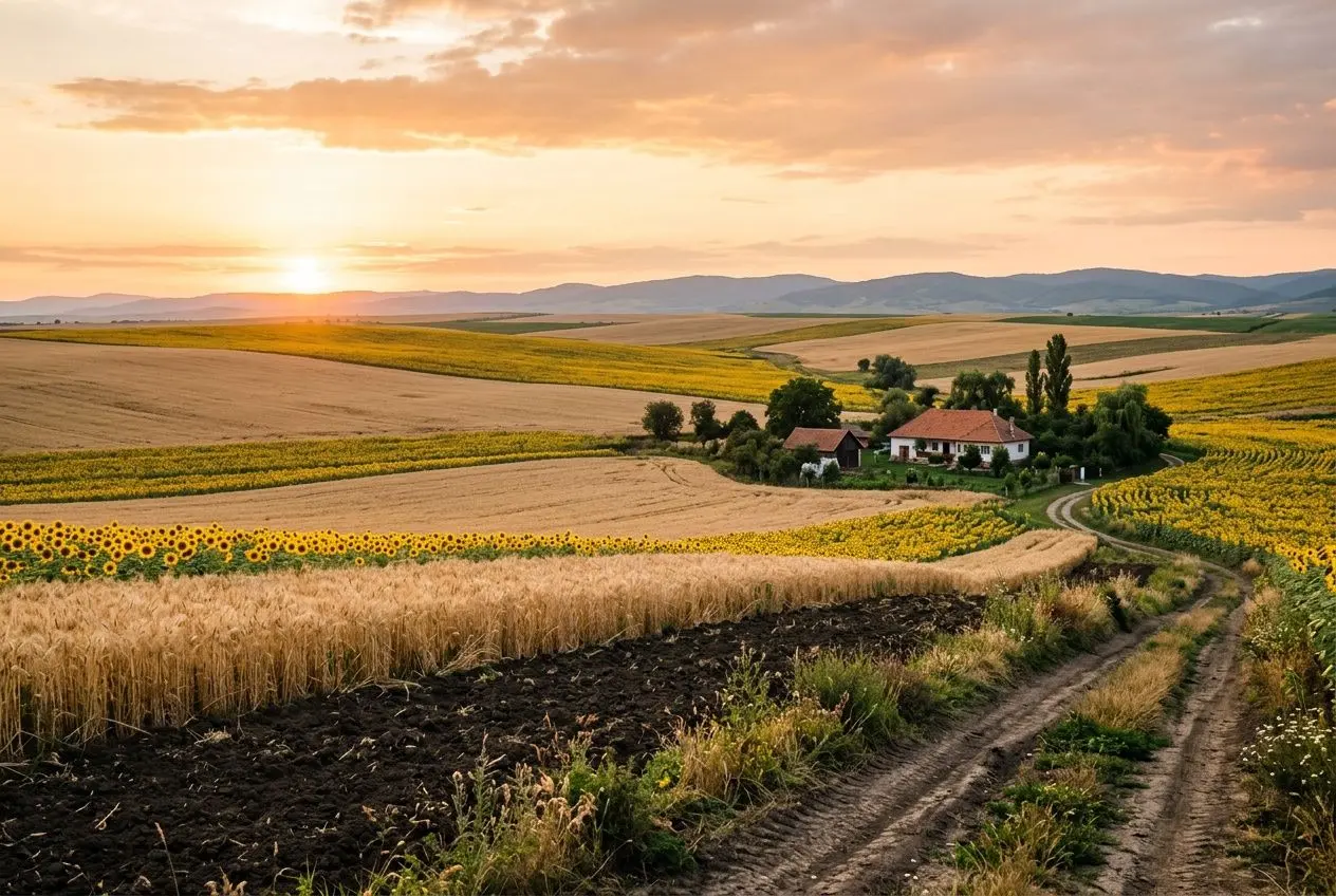 Paysage rural en Roumanie au coucher du soleil, champs dorés et routes sinueuses entourant une ferme. agriculture roumanie.